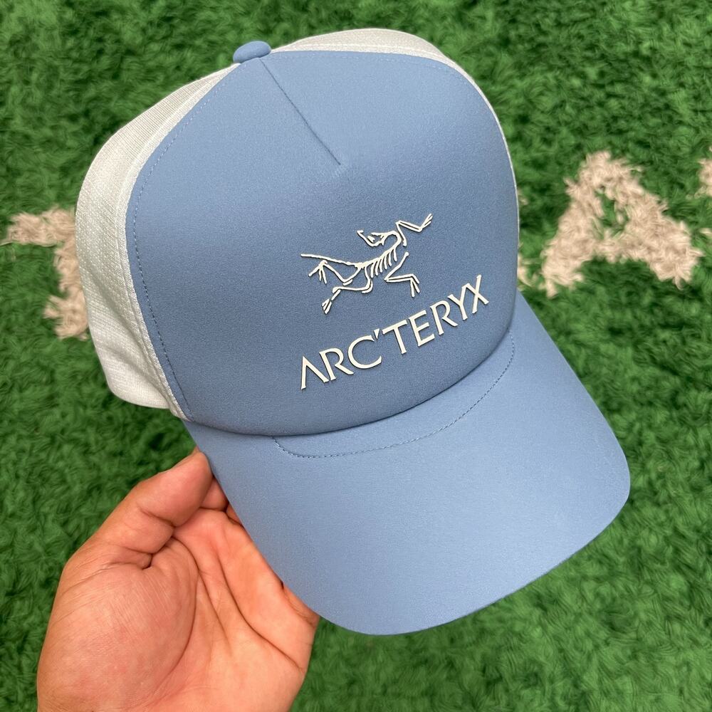 Arcteryx Bird Word Curved Trucker Hat Blue Stone Wash Daybreak Cap SnapBack